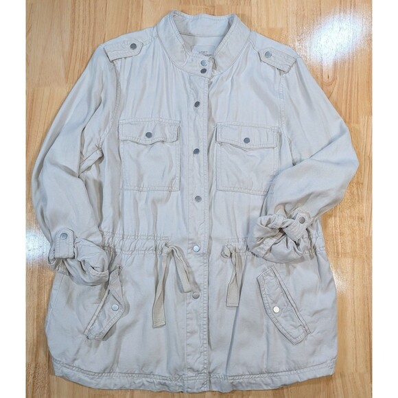 LOFT Women’s Utility Jacket L Beige Lyocell Drawstring Waist Pockets Lightweight - Picture 1 of 6